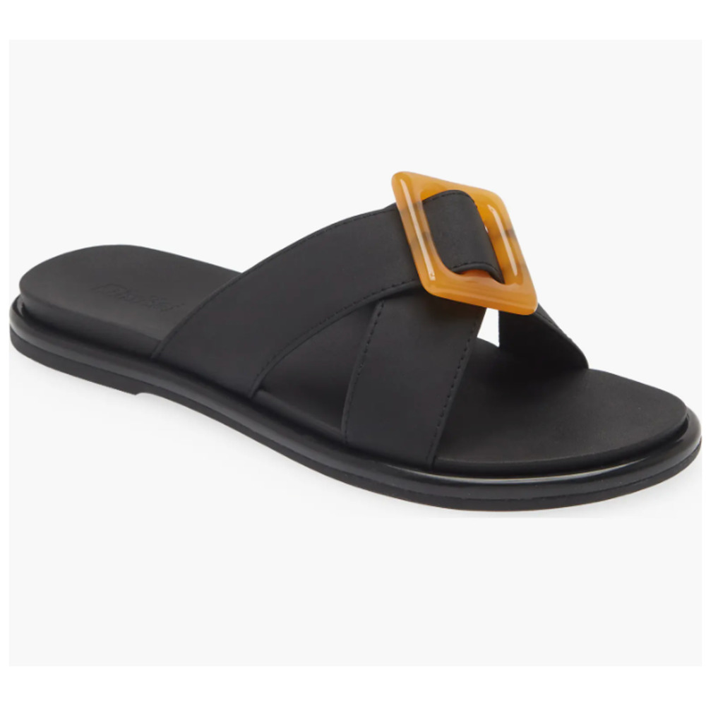 OluKai Black Slide Sandals with Amber Buckle Accent